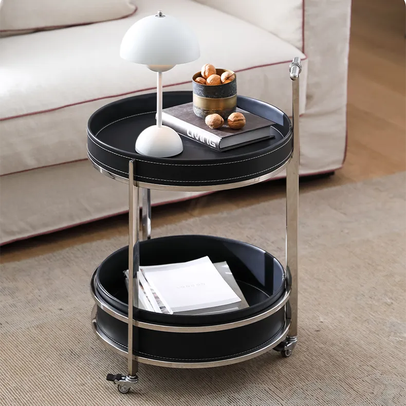 Modern Black Synthetic Leather & Stainless Steel Side Table - Stylish Round Design with Handles and Wheels hqlw-4044