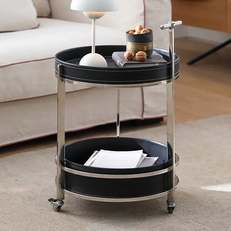 Modern Black Synthetic Leather & Stainless Steel Side Table - Stylish Round Design with Handles and Wheels hqlw-4044