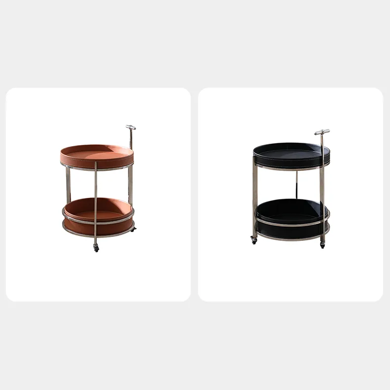 Modern Black Synthetic Leather & Stainless Steel Side Table - Stylish Round Design with Handles and Wheels hqlw-4044