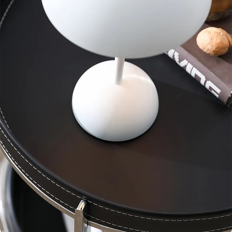 Modern Black Synthetic Leather & Stainless Steel Side Table - Stylish Round Design with Handles and Wheels hqlw-4044