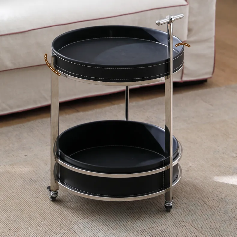 Modern Black Synthetic Leather & Stainless Steel Side Table - Stylish Round Design with Handles and Wheels hqlw-4044