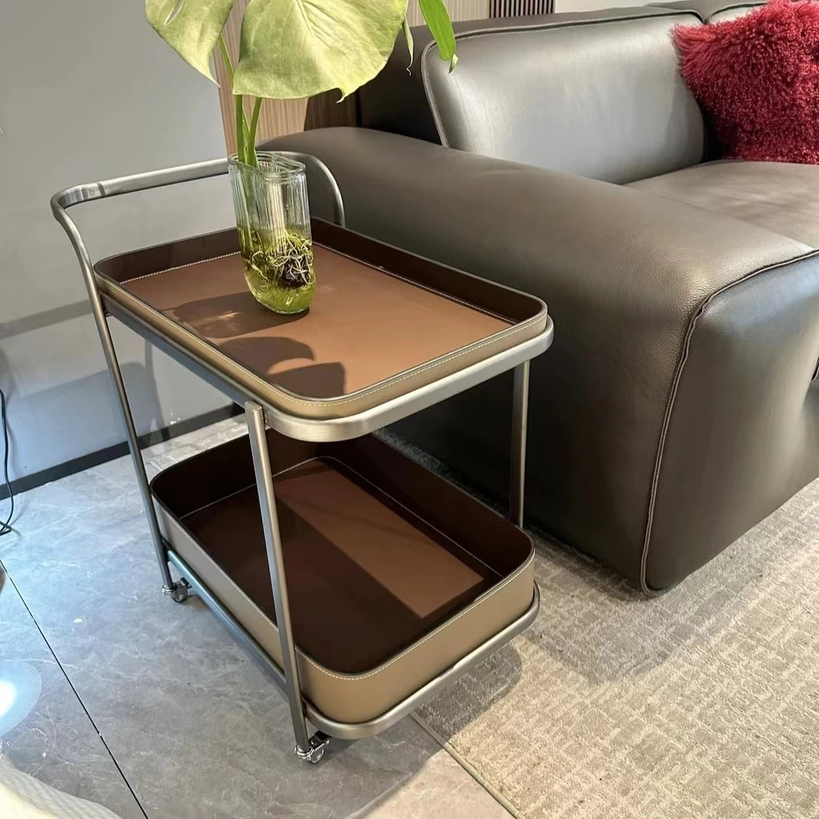 Stylish Stainless Synthetic Leather Tea Table with Wheels – Elegant Multi-Level Serving Cart for Modern Living Spaces hqy-5201