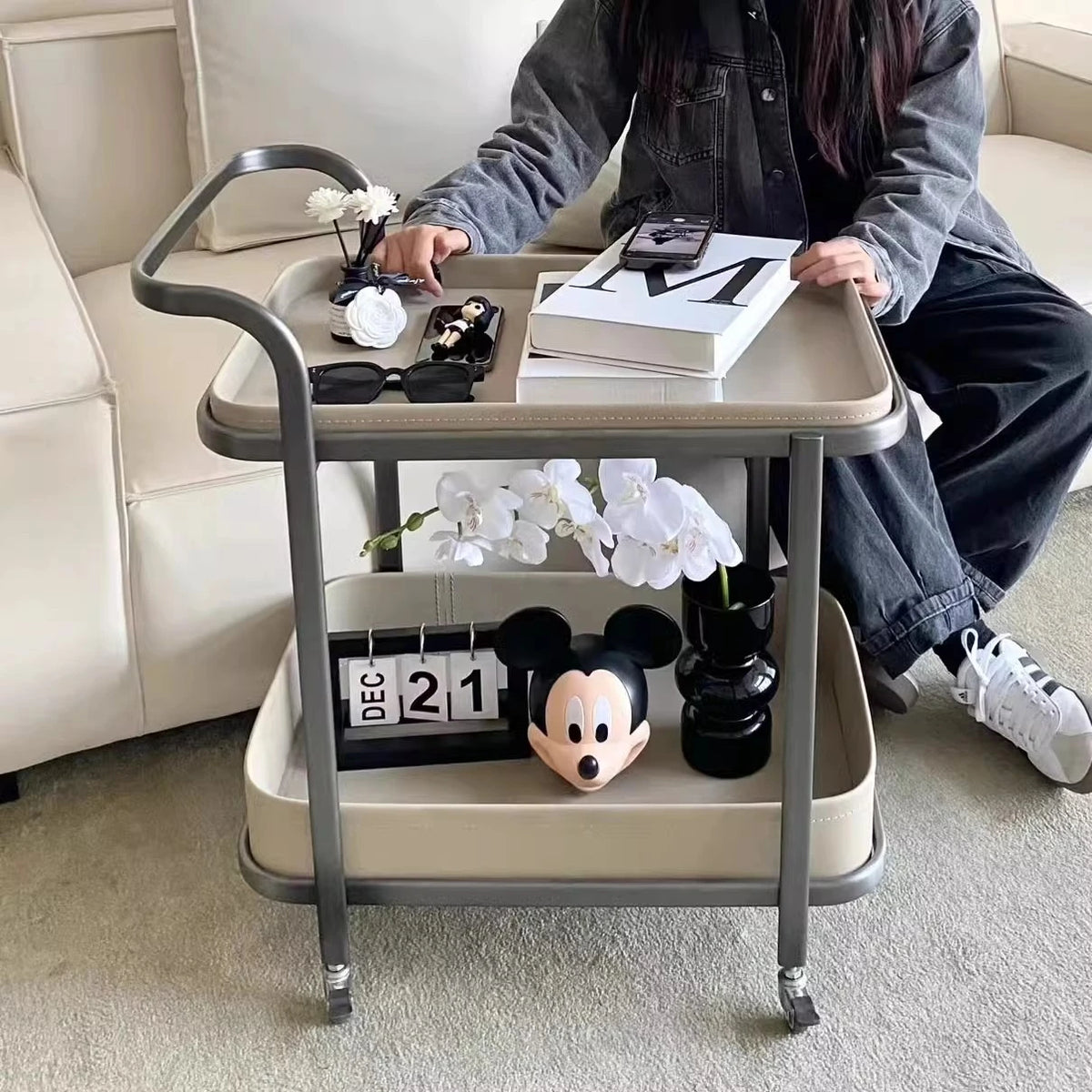 Stylish Stainless Synthetic Leather Tea Table with Wheels – Elegant Multi-Level Serving Cart for Modern Living Spaces hqy-5201