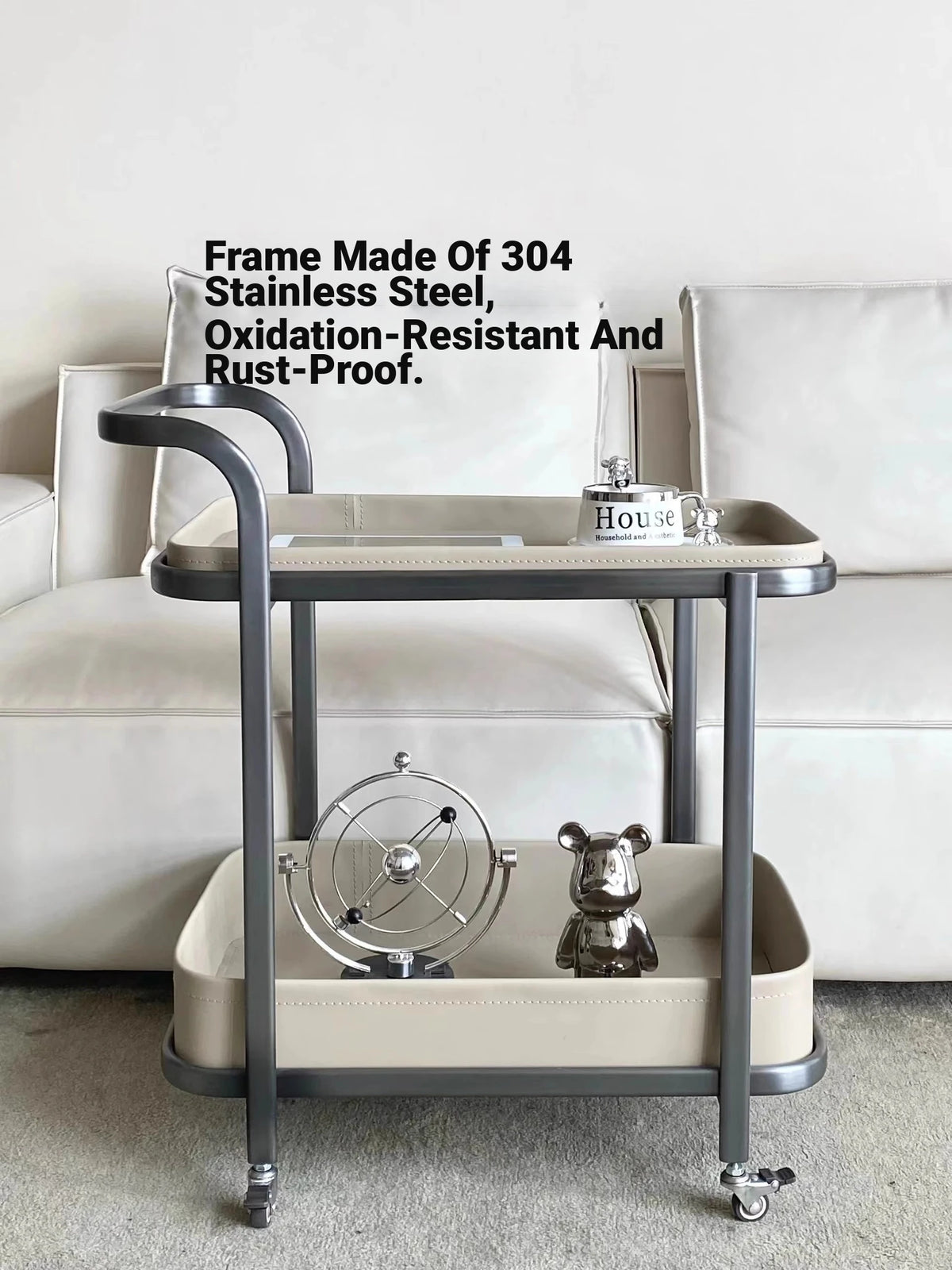 Stylish Stainless Synthetic Leather Tea Table with Wheels – Elegant Multi-Level Serving Cart for Modern Living Spaces hqy-5201