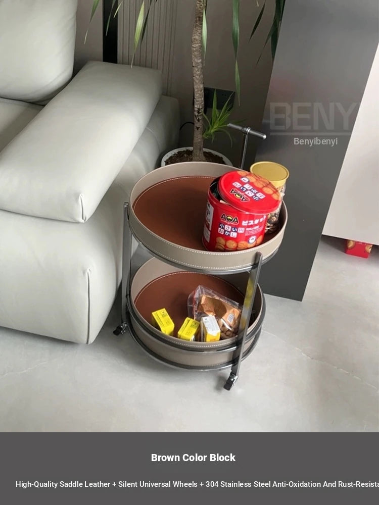 Stylish Stainless Synthetic Leather Tea Table on Wheels - Modern Console with Elegant Design for Living Room Decor hqy-5203