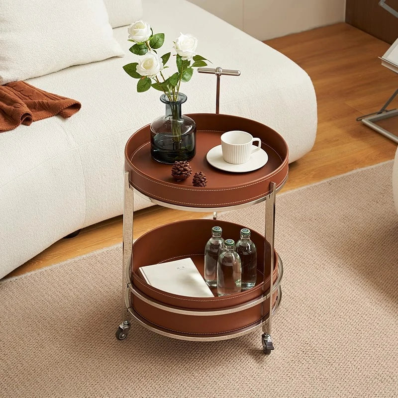 Stylish Stainless Synthetic Leather Tea Table on Wheels - Modern Console with Elegant Design for Living Room Decor hqy-5203