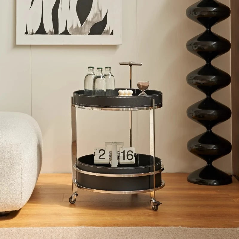 Stylish Stainless Synthetic Leather Tea Table on Wheels - Modern Console with Elegant Design for Living Room Decor hqy-5203