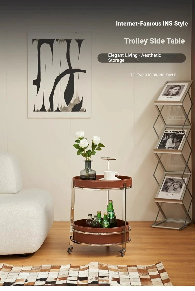 Stylish Stainless Synthetic Leather Tea Table on Wheels - Modern Console with Elegant Design for Living Room Decor hqy-5203