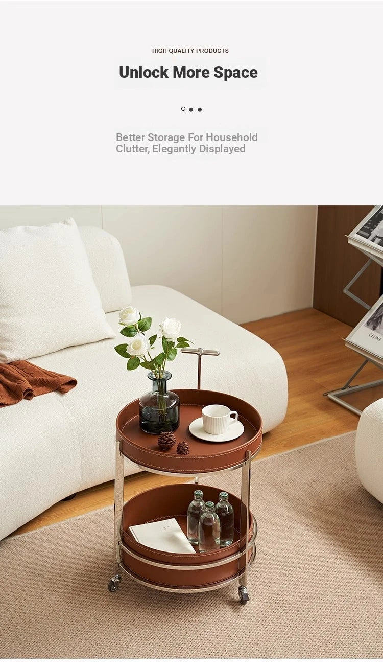 Stylish Stainless Synthetic Leather Tea Table on Wheels - Modern Console with Elegant Design for Living Room Decor hqy-5203