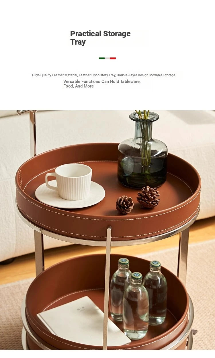 Stylish Stainless Synthetic Leather Tea Table on Wheels - Modern Console with Elegant Design for Living Room Decor hqy-5203
