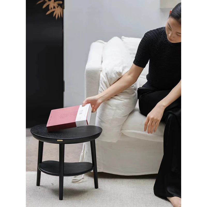 Chic Black Ash Wood Side Table with Unique Cloud Design and Lower Shelf hrn-5253