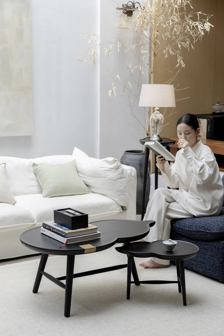 Chic Black Ash Wood Side Table with Unique Cloud Design and Lower Shelf hrn-5253