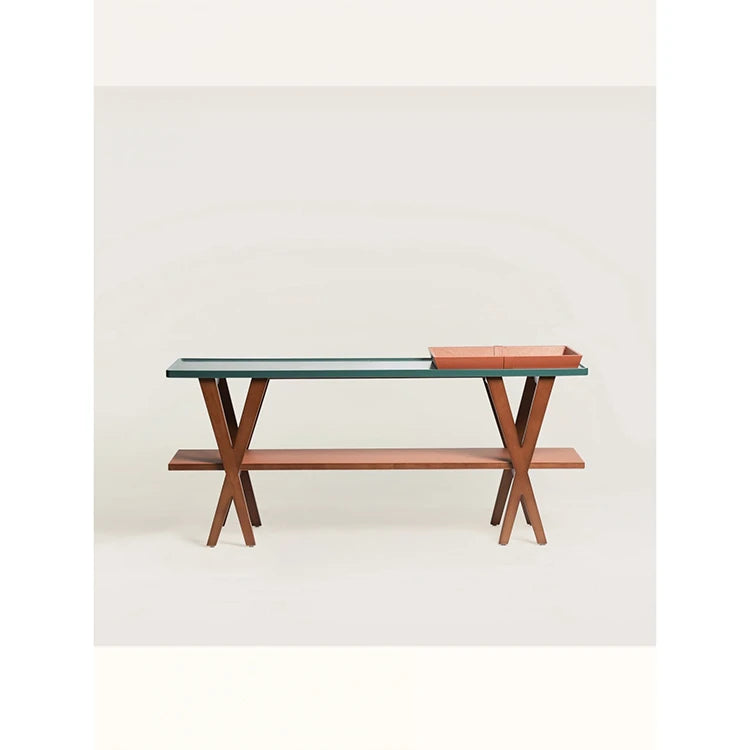 Stylish Ash Wood Console Table with Multi-layer Board and Synthetic Leather Accents hrn-5260