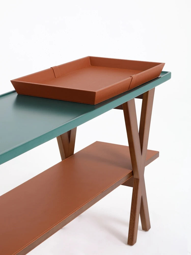 Stylish Ash Wood Console Table with Multi-layer Board and Synthetic Leather Accents hrn-5260