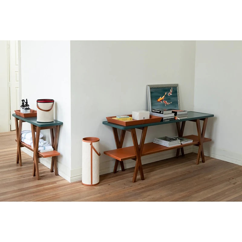 Stylish Ash Wood Console Table with Multi-layer Board and Synthetic Leather Accents hrn-5260