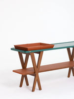 Stylish Ash Wood Console Table with Multi-layer Board and Synthetic Leather Accents hrn-5260