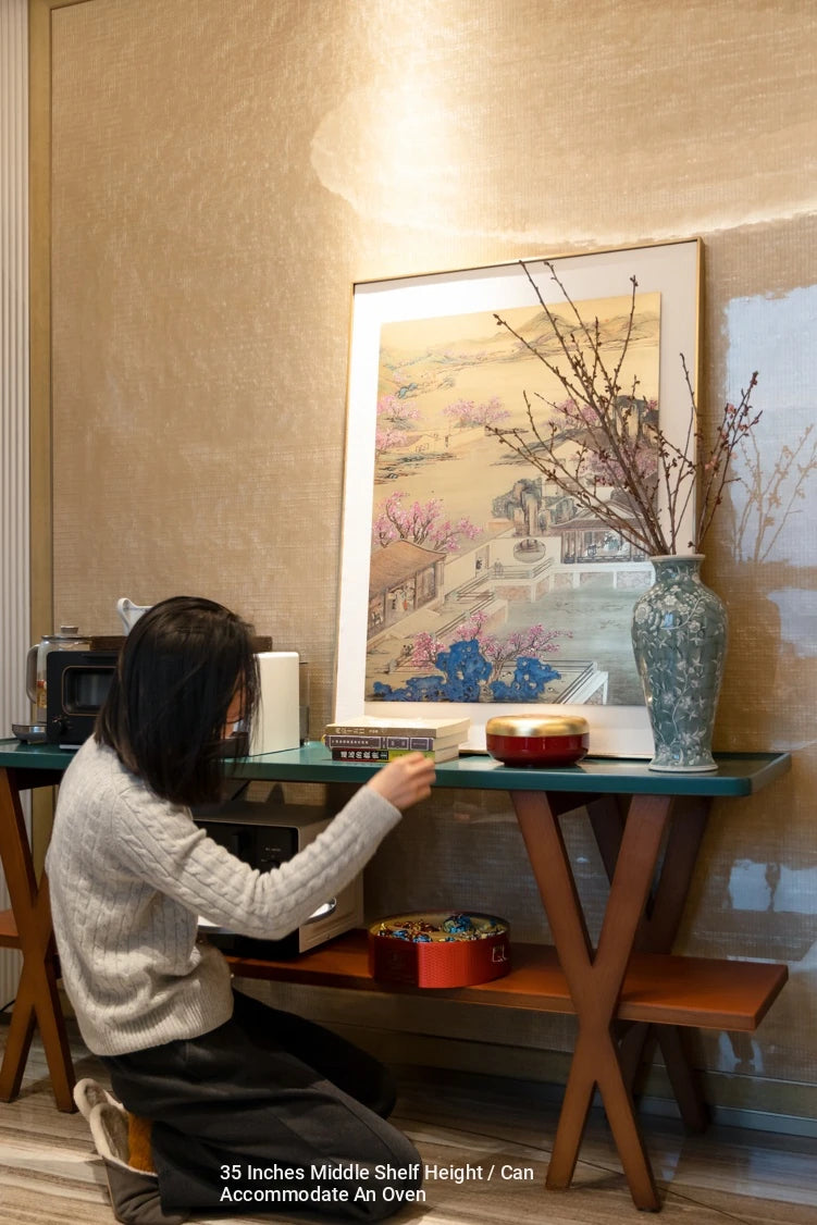 Stylish Ash Wood Console Table with Multi-layer Board and Synthetic Leather Accents hrn-5260