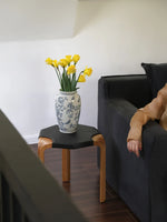 Stylish Cowhide and Ash Wood Stool - Modern Hexagonal Design for Any Space hrn-5262