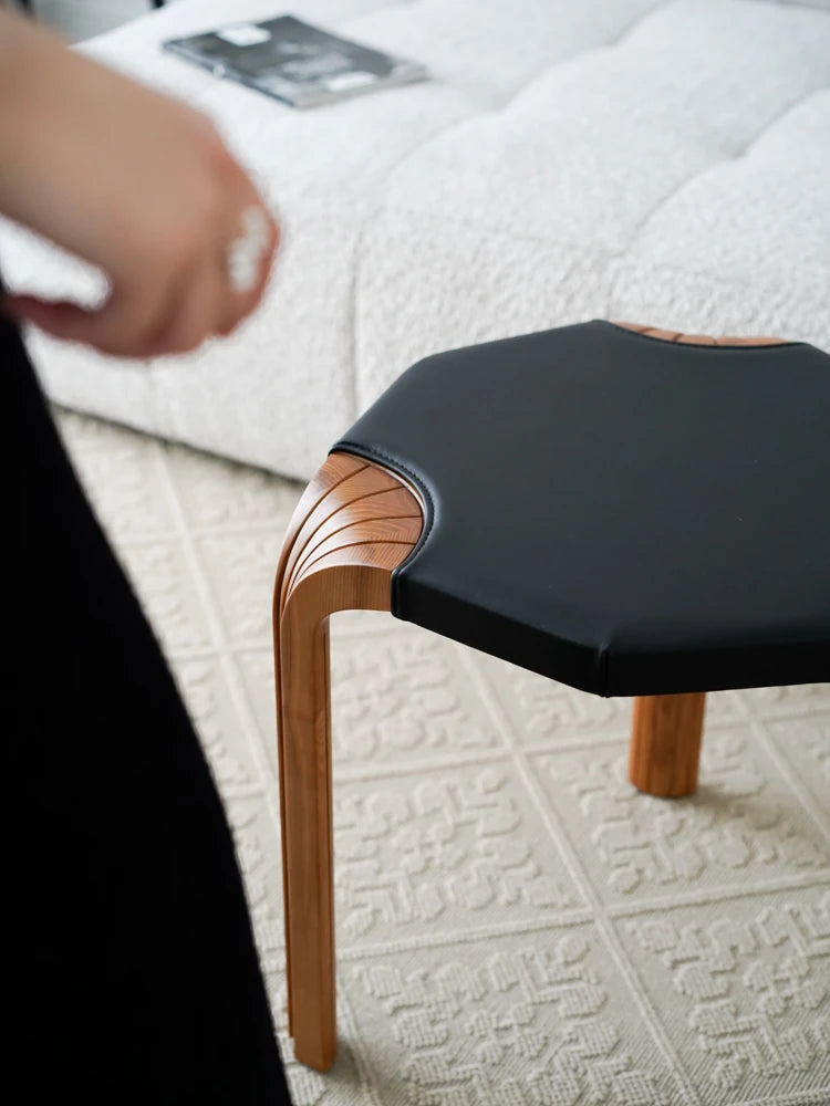 Stylish Cowhide and Ash Wood Stool - Modern Hexagonal Design for Any Space hrn-5262