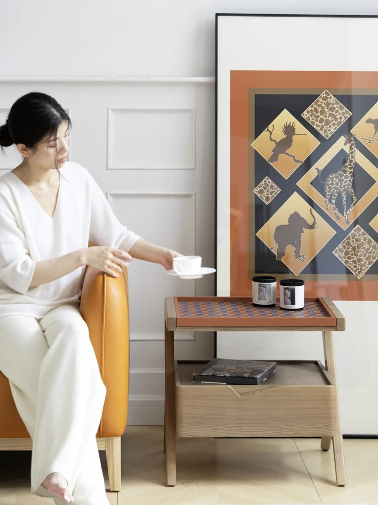 Stylish Elm Wood Nightstand with Removable Synthetic Leather Tray – Modern Multi-Functional Design hrn-5265