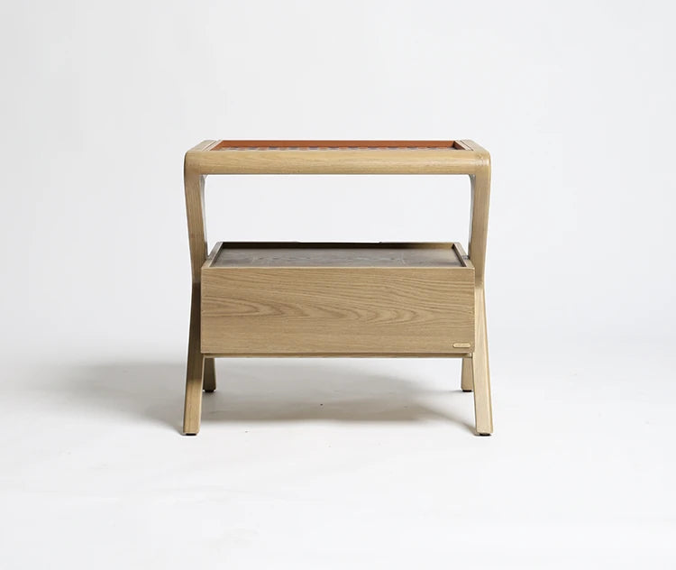 Stylish Elm Wood Nightstand with Removable Synthetic Leather Tray – Modern Multi-Functional Design hrn-5265