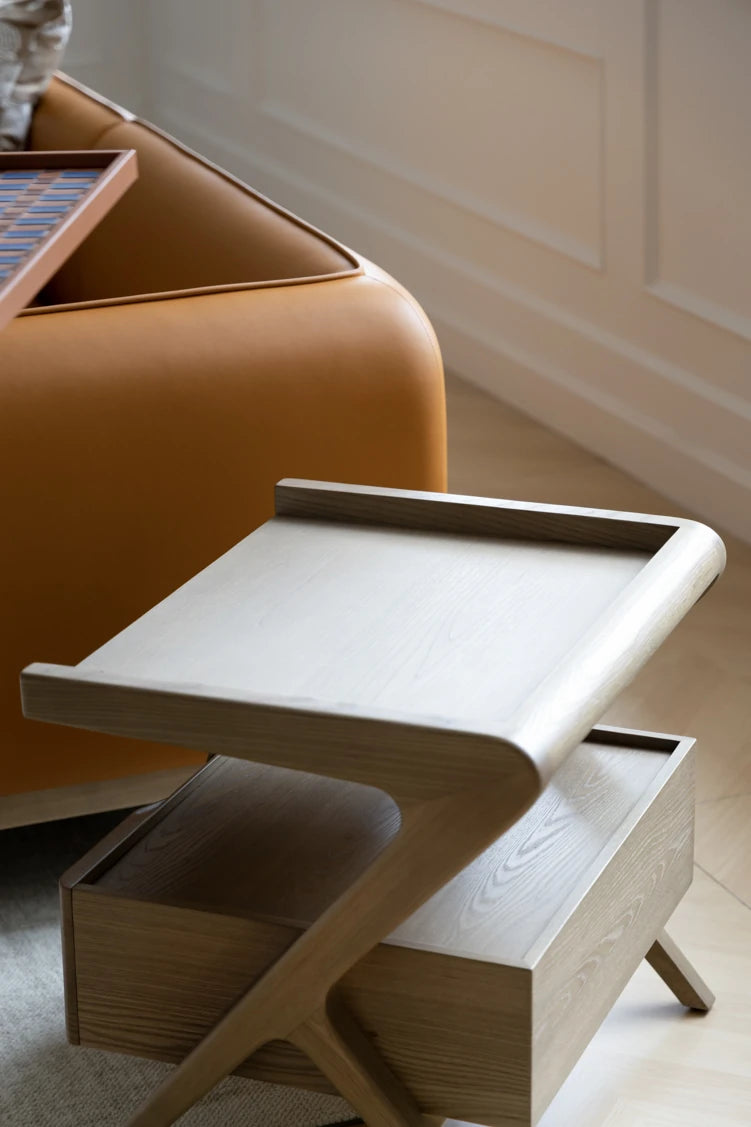 Stylish Elm Wood Nightstand with Removable Synthetic Leather Tray – Modern Multi-Functional Design hrn-5265