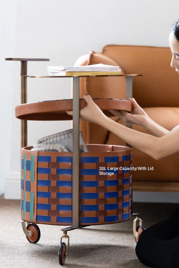 Stylish PU Leather Side Table with Stainless Steel Accents and Black Walnut Wood Base – Modern Decorative Accent for Living Room and Bedroom hrn-5267