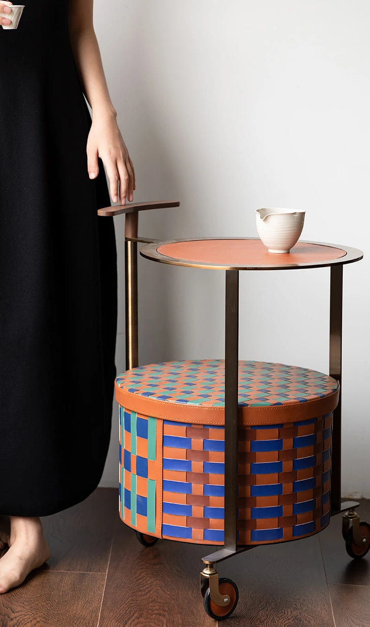 Stylish PU Leather Side Table with Stainless Steel Accents and Black Walnut Wood Base – Modern Decorative Accent for Living Room and Bedroom hrn-5267