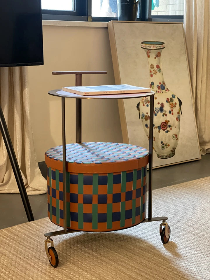 Stylish PU Leather Side Table with Stainless Steel Accents and Black Walnut Wood Base – Modern Decorative Accent for Living Room and Bedroom hrn-5267