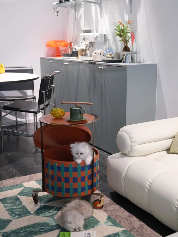 Stylish PU Leather Side Table with Stainless Steel Accents and Black Walnut Wood Base – Modern Decorative Accent for Living Room and Bedroom hrn-5267