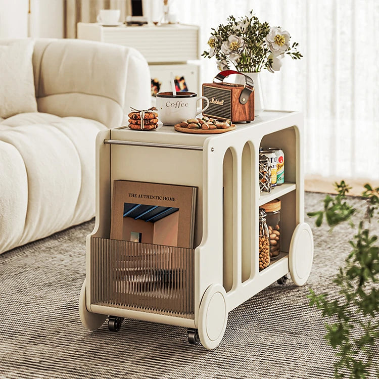 Elegant Solid Wood Tea Table with Ceramic Sintered Stone Top and Glass Shelving - Stylish Rolling Cart for Kitchen and Living Room Storage hrvr-5083