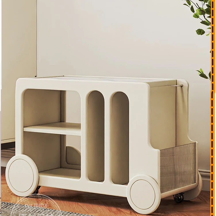 Elegant Solid Wood Tea Table with Ceramic Sintered Stone Top and Glass Shelving - Stylish Rolling Cart for Kitchen and Living Room Storage hrvr-5083