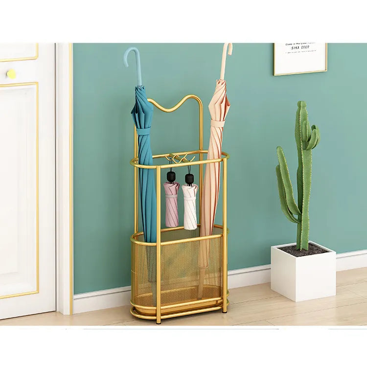 Elegant Gold Umbrella Stand Organizer – Stylish Metal Storage Rack for Entryway hsen-2031