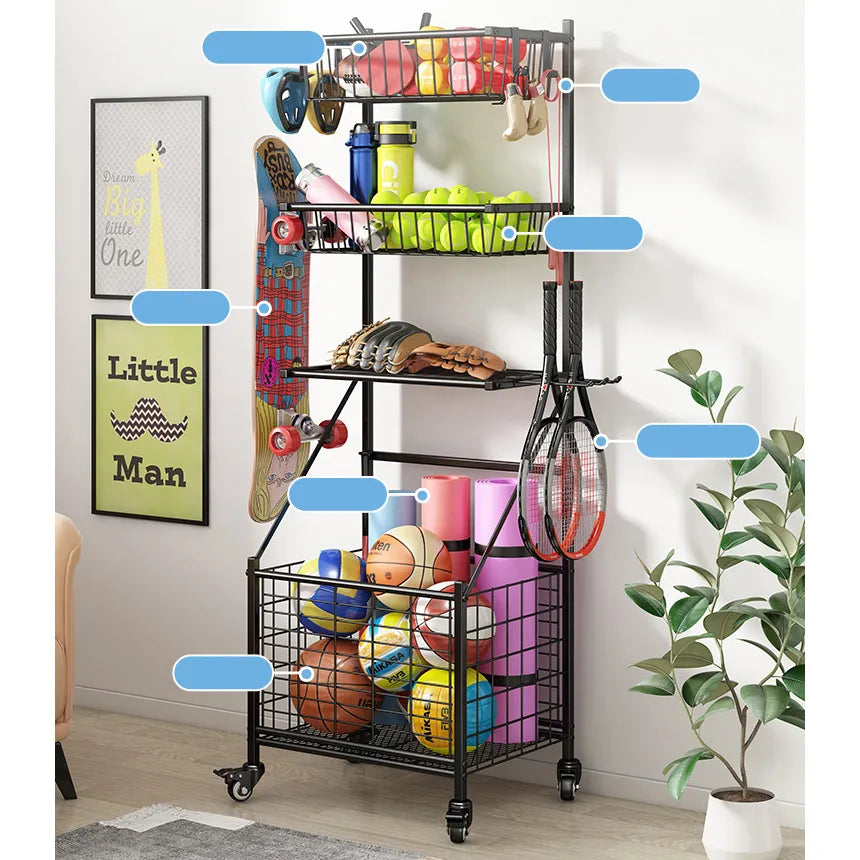 Adjustable Sports Equipment Storage Rack with Wheels - Perfect for Home and Garage Organization hsen-2033