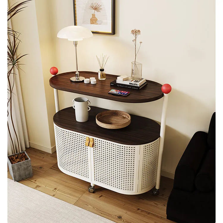 Sleek Rolling Tea Table with Rattan Cabinet and Dark Wood Top - Modern Décor hsj-2252