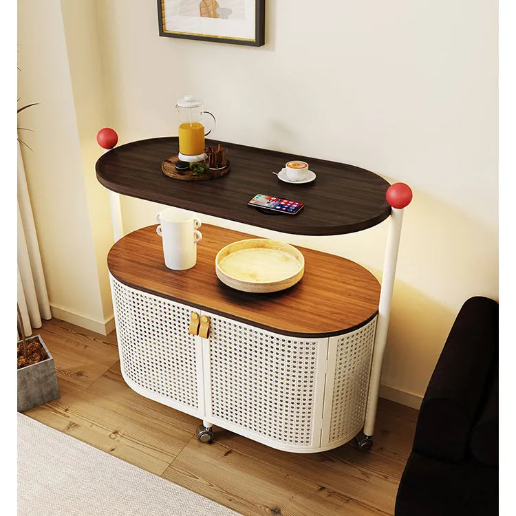 Sleek Rolling Tea Table with Rattan Cabinet and Dark Wood Top - Modern Décor hsj-2252