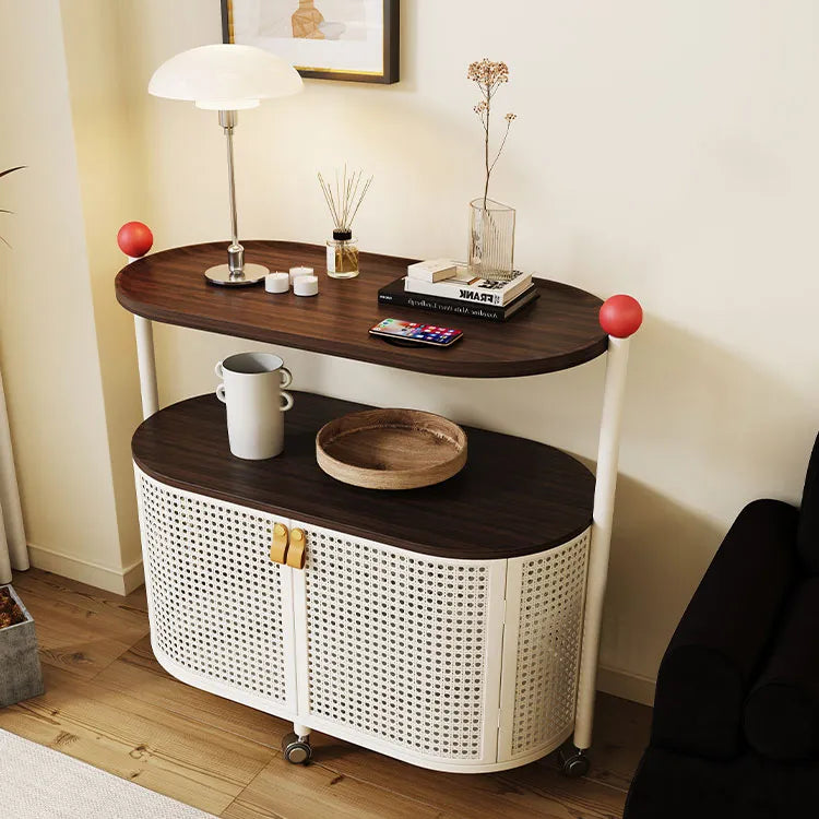 Sleek Rolling Tea Table with Rattan Cabinet and Dark Wood Top - Modern Décor hsj-2252