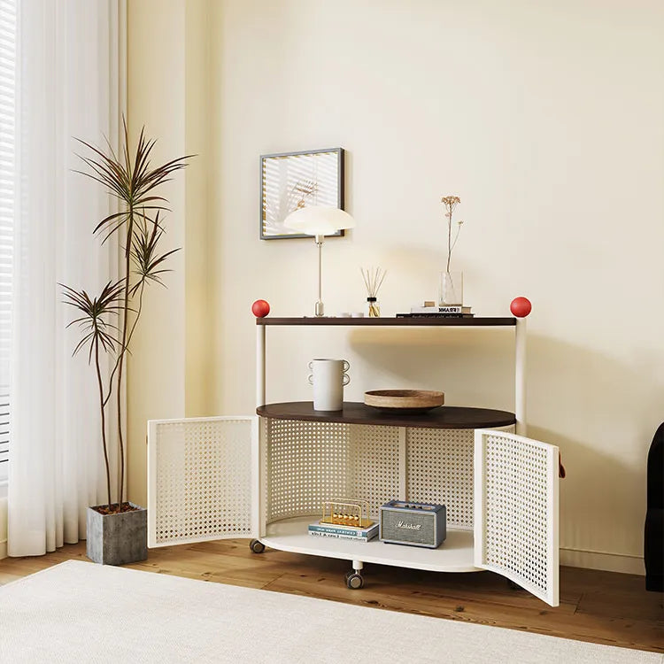 Sleek Rolling Tea Table with Rattan Cabinet and Dark Wood Top - Modern Décor hsj-2252