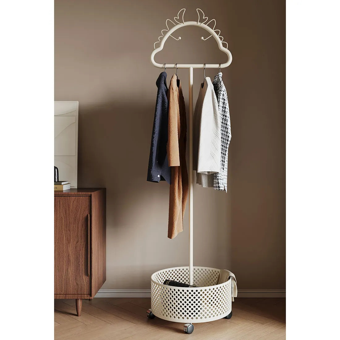 Stylish Metal Coat Hanger with Wheels and Convenient Storage Basket hsj-2253