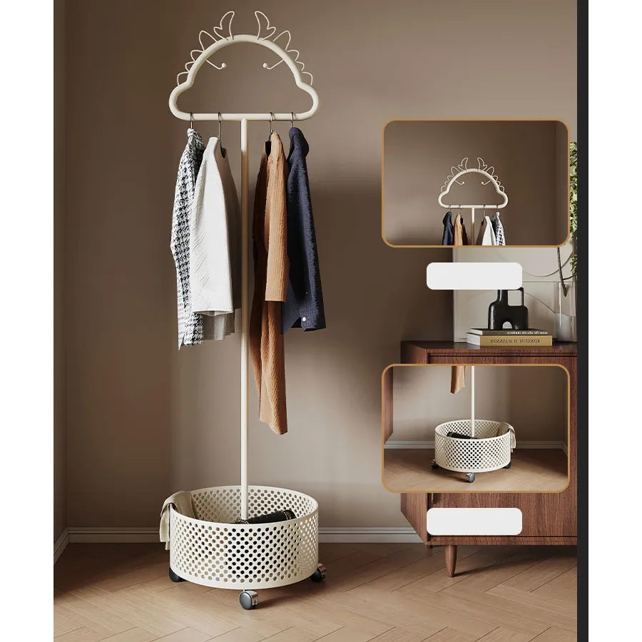 Stylish Metal Coat Hanger with Wheels and Convenient Storage Basket hsj-2253