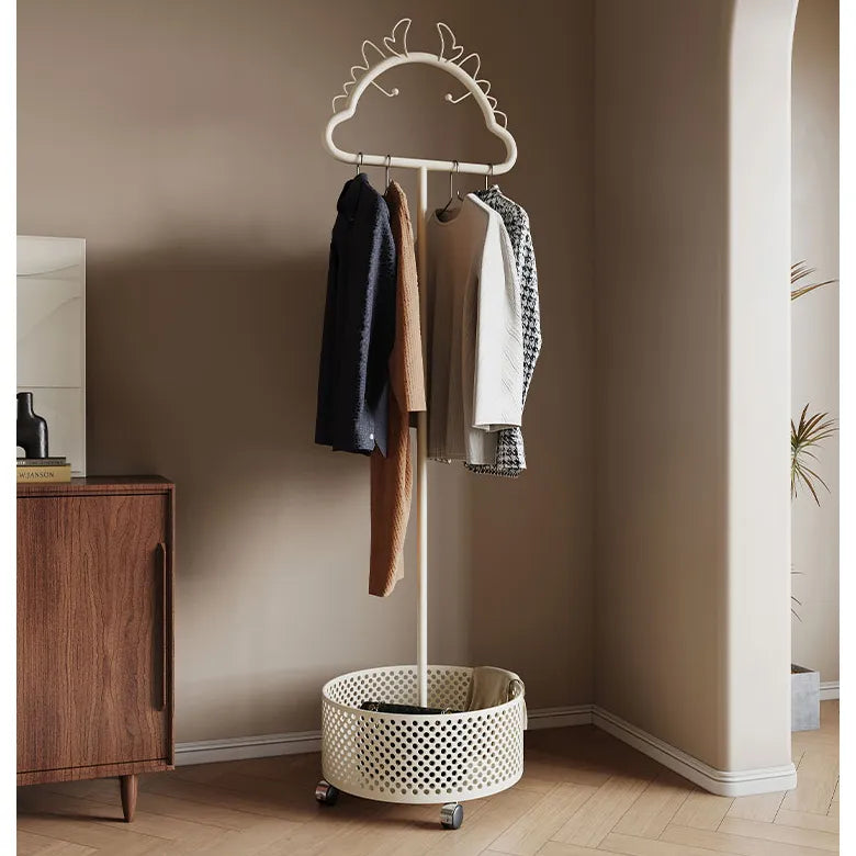 Stylish Metal Coat Hanger with Wheels and Convenient Storage Basket hsj-2253