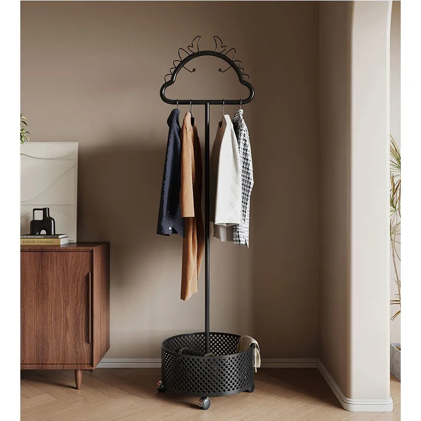 Stylish Metal Coat Hanger with Wheels and Convenient Storage Basket hsj-2253