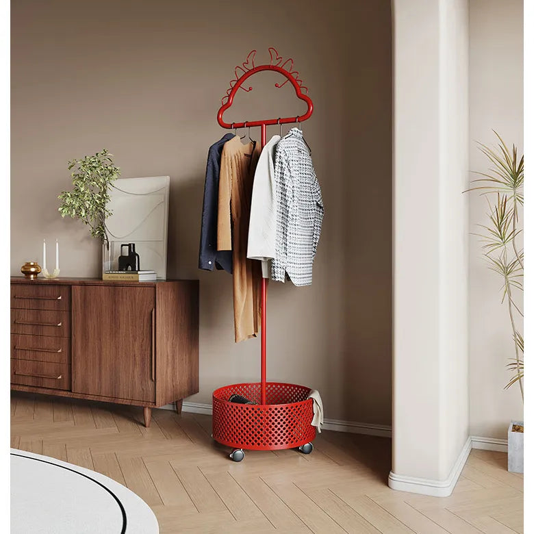 Stylish Metal Coat Hanger with Wheels and Convenient Storage Basket hsj-2253