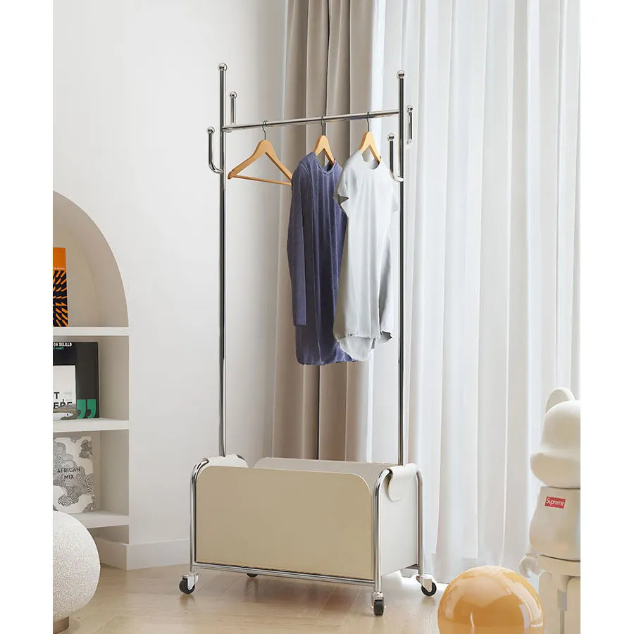 Stylish Faux Leather Coat Hanger with Storage and Wheels - Modern Clothing Rack for Easy Organization hsj-2274