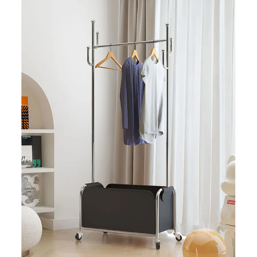 Stylish Faux Leather Coat Hanger with Storage and Wheels - Modern Clothing Rack for Easy Organization hsj-2274