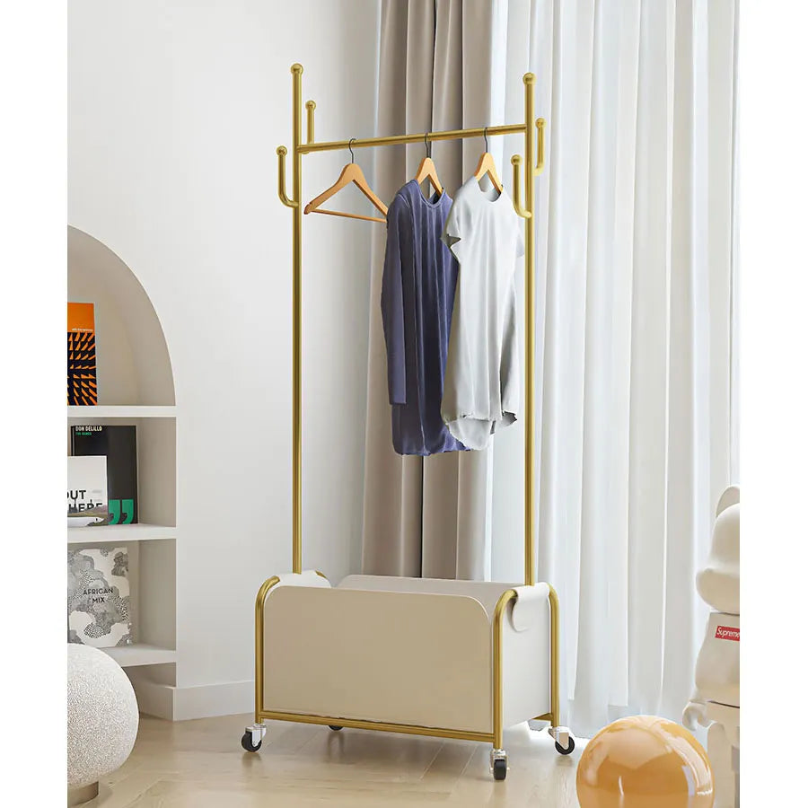 Stylish Faux Leather Coat Hanger with Storage and Wheels - Modern Clothing Rack for Easy Organization hsj-2274