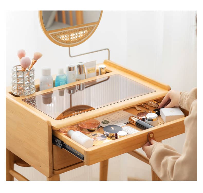 Elegant Natural Bamboo Makeup Table with Glass Top hsl-73