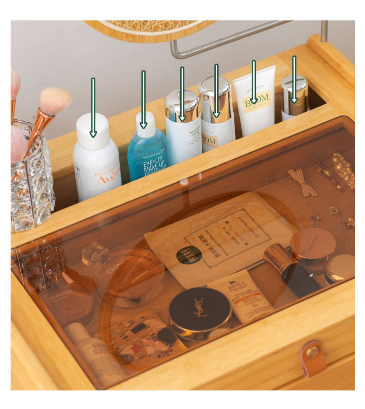 Elegant Natural Bamboo Makeup Table with Glass Top hsl-73