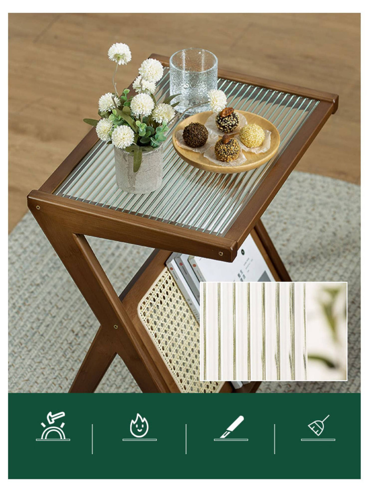 Elegant Natural Wood Tea Table with Reeded Glass – Brown, Grey & Dark Bamboo Styles hsl-76