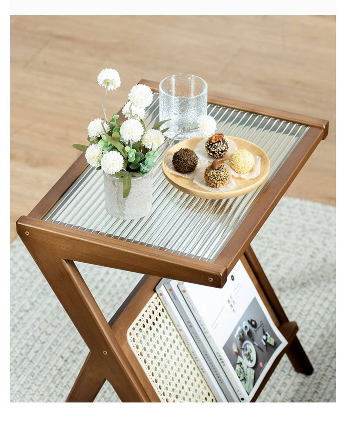 Elegant Natural Wood Tea Table with Reeded Glass – Brown, Grey & Dark Bamboo Styles hsl-76